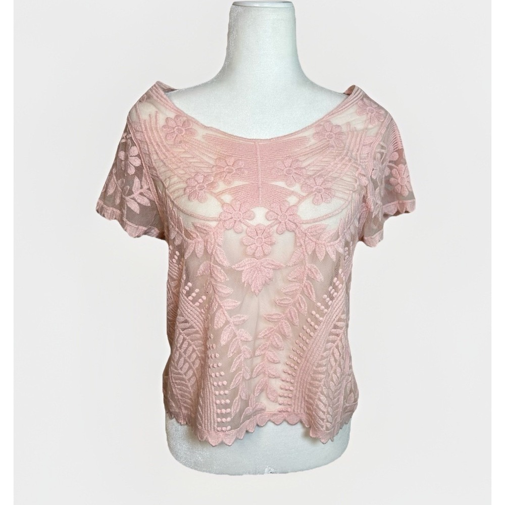 Express Pink‎ Sheer Lace Short Sleeve Top Sm Embroidered Romantic Cottagecore